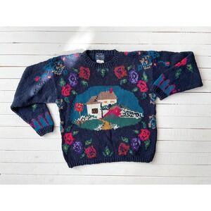 Woolrich vtg country cottage farmhouse navy‎ hand knit cottagecore sweater